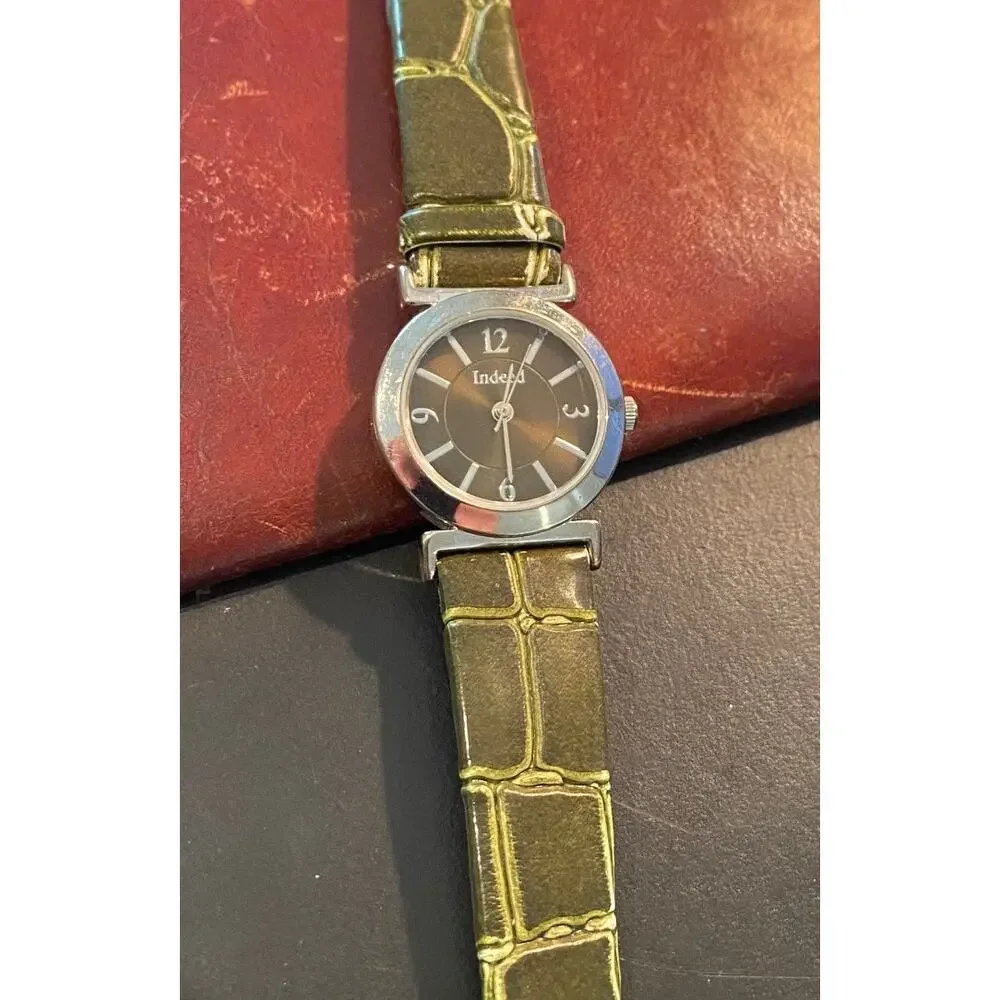 Women's Silver Tone Indeed Watch, Black Face and Green Band